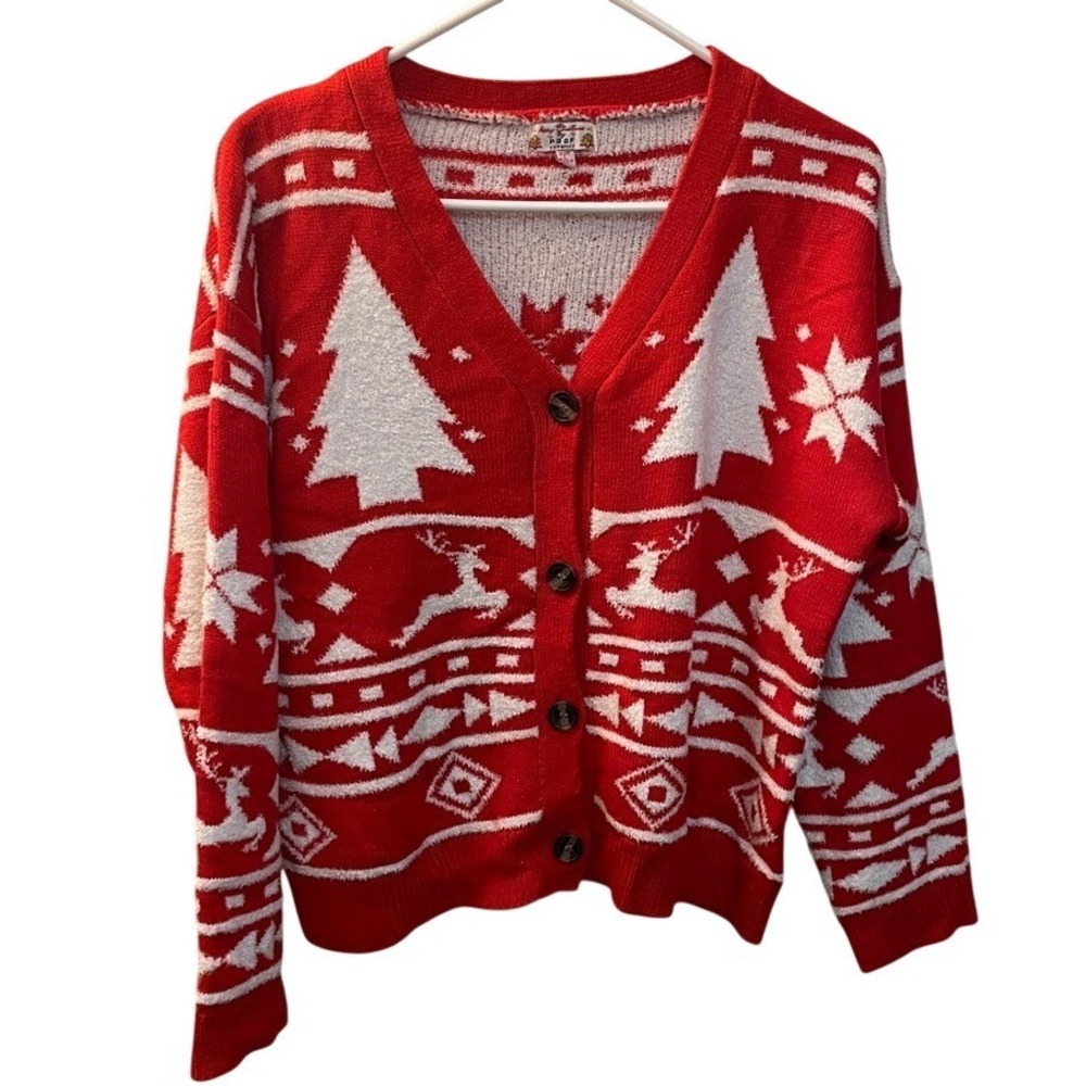 Poof New‎ York Red White Fair Isle Christmas Tree Reindeer Cardigan Sweater L